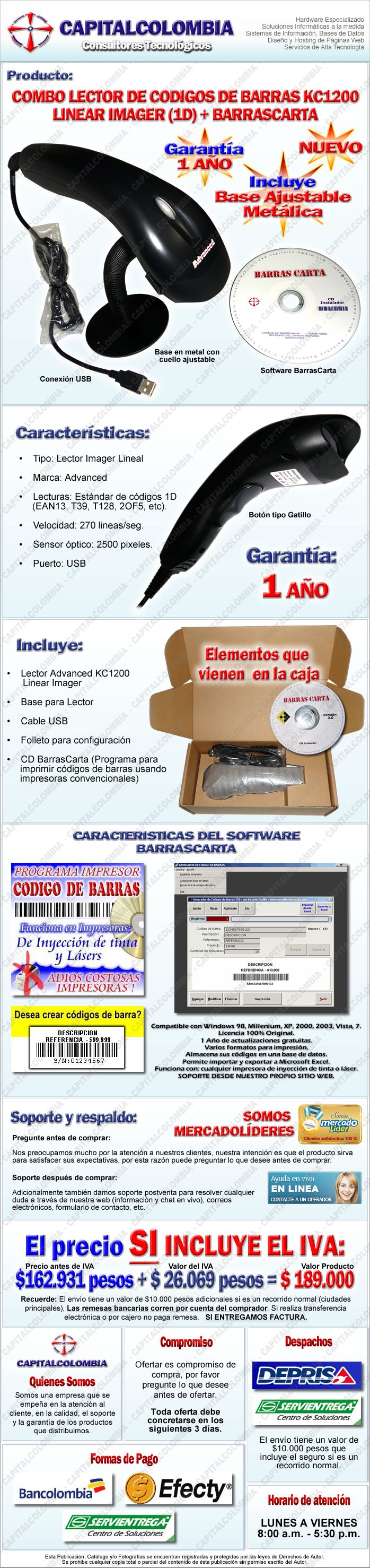 Lector de C&oacute;digos de Barras Linear Imager con software de impresi&oacute;n BarrasCarta